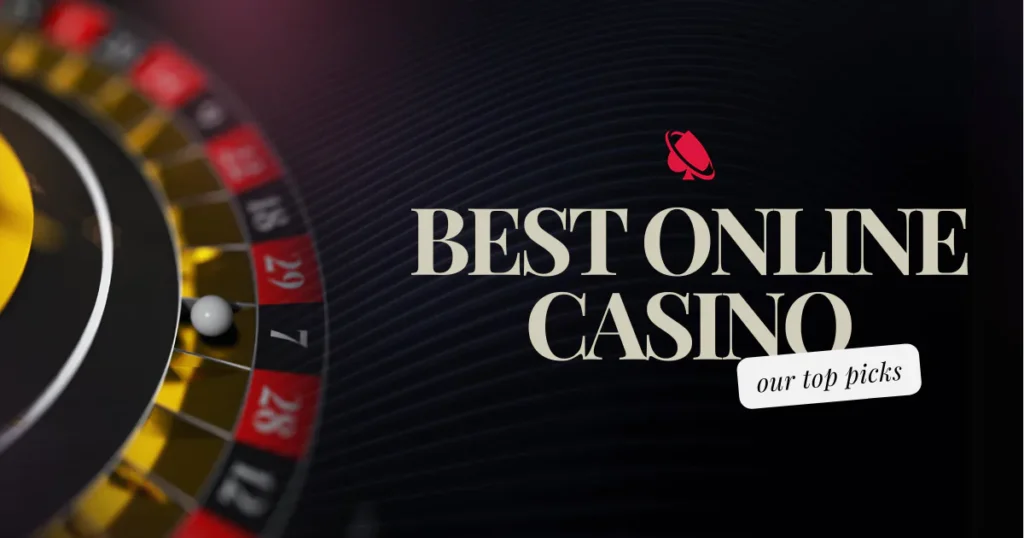 Best Online Casino banner with a roulette wheel background, text ‘our top picks,’ and Mall of Casino logo that is a red spade logo with a circular swoosh.