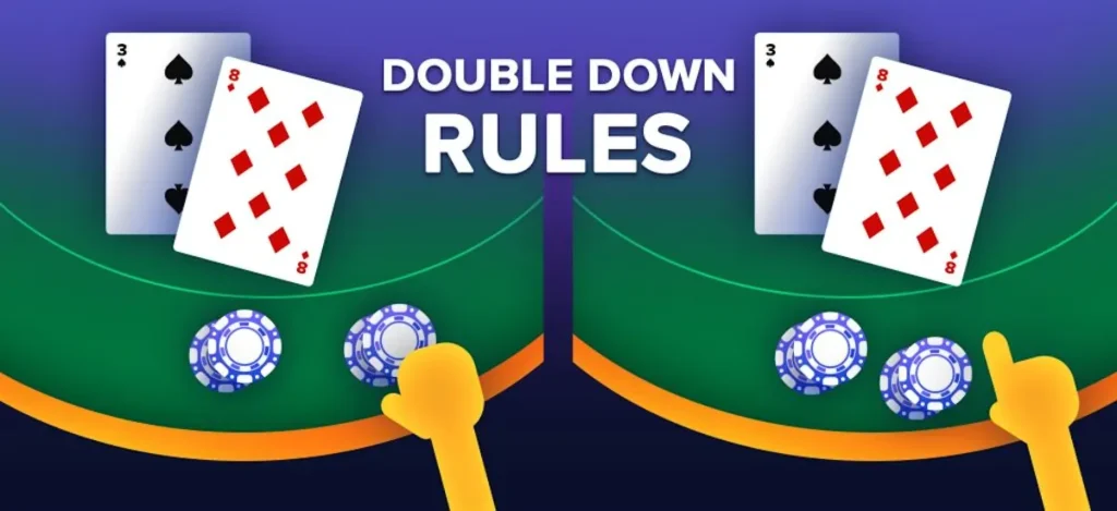 Illustration showing the rules of doubling down in blackjack, featuring a pair of 8s and 3s with poker chips on a green blackjack table