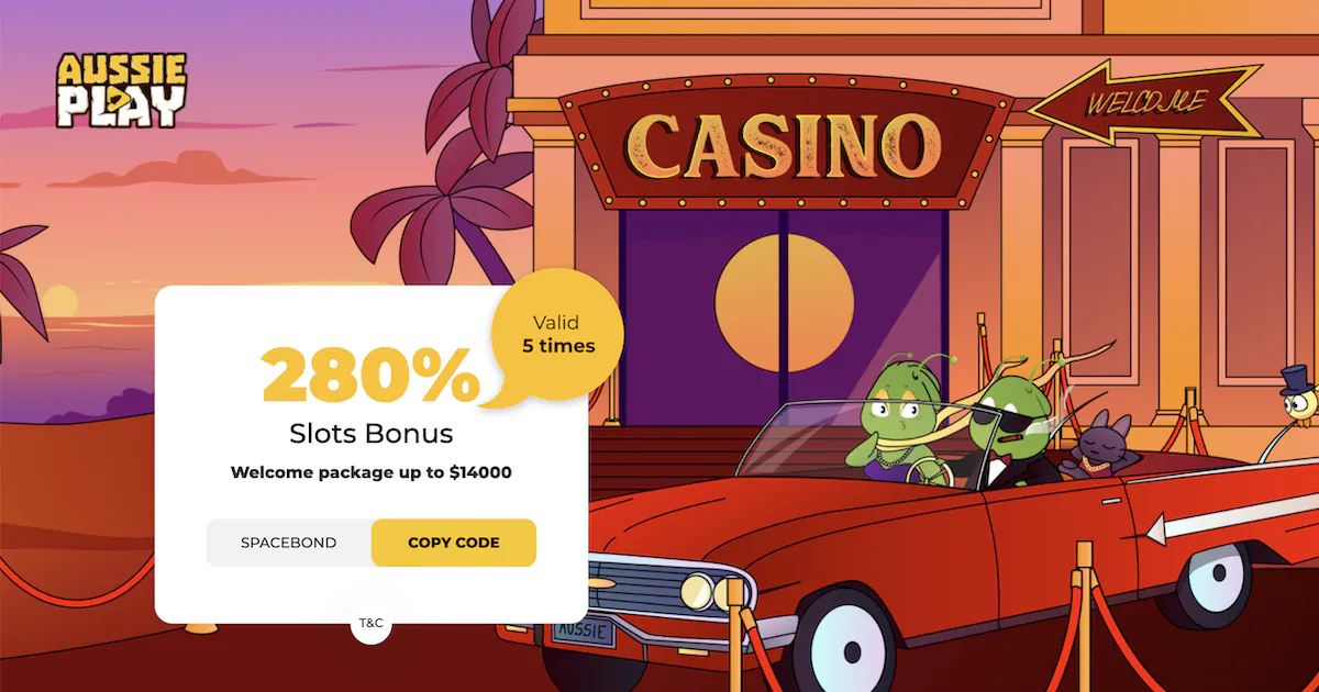 Aussie Play casino offering 280% slots bonus with cartoon aliens arriving at casino entrance in red car.