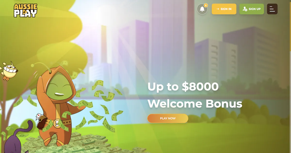 Aussie Play online casino offering $8000 welcome bonus with cartoon mascot throwing money in park.