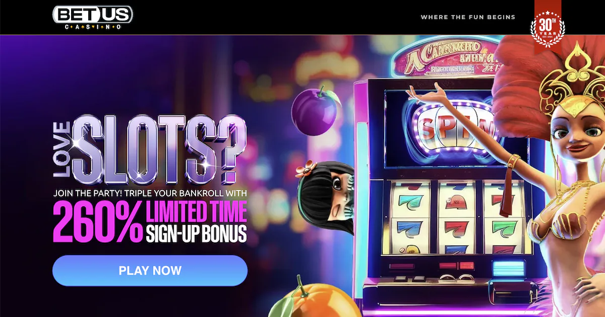 BetUS promo code 260% limited time sign-up bonus with animated slot machine.