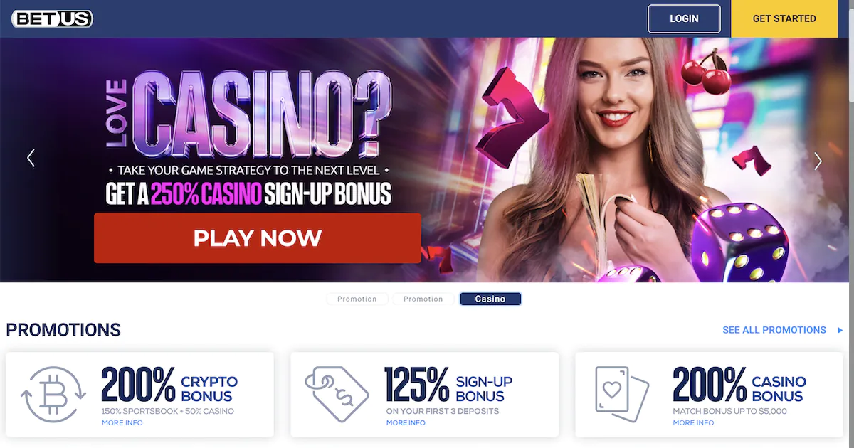 BetUS online casino 250% sign-up bonus promotion with smiling female model and casino-themed background.