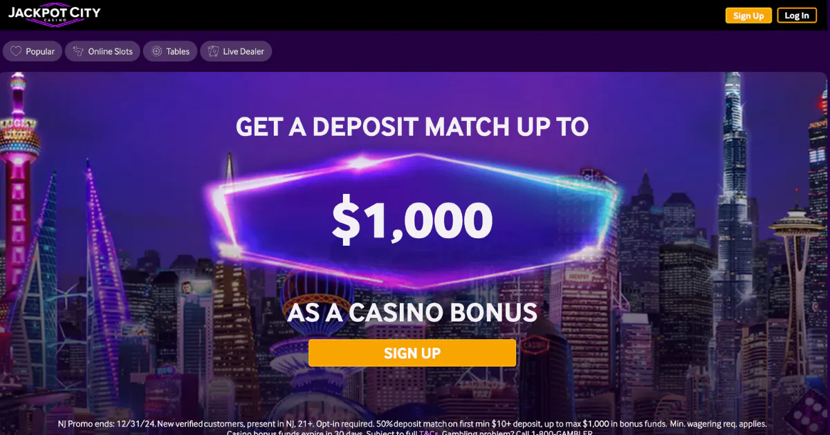 Jackpot City Casino promotion offering a $1,000 deposit match bonus, set against a backdrop of a vibrant city skyline with neon lights, sign-up button below the offer.