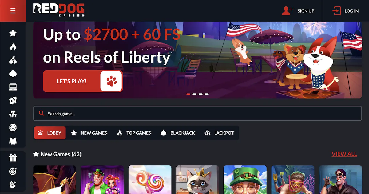 Red Dog Casino promotion offering up to $2700 and 60 free spins on Reels of Liberty with a festive outdoor party scene featuring dogs.