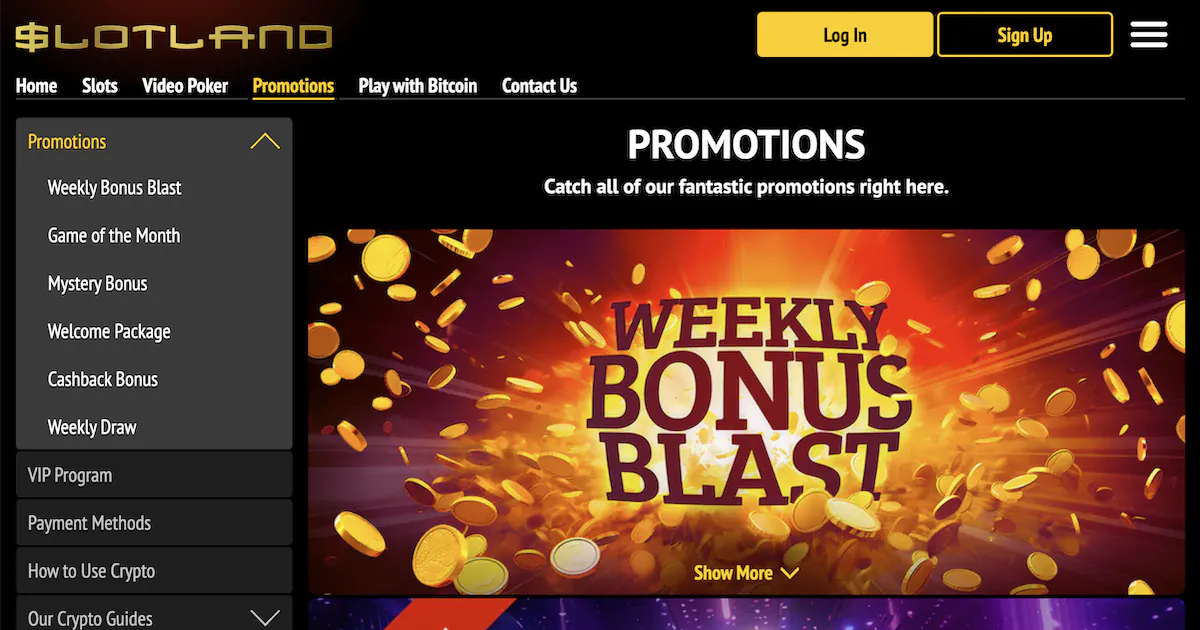 Slotland Casino weekly bonus blast promotion, featuring a cascade of gold coins and vibrant graphics.